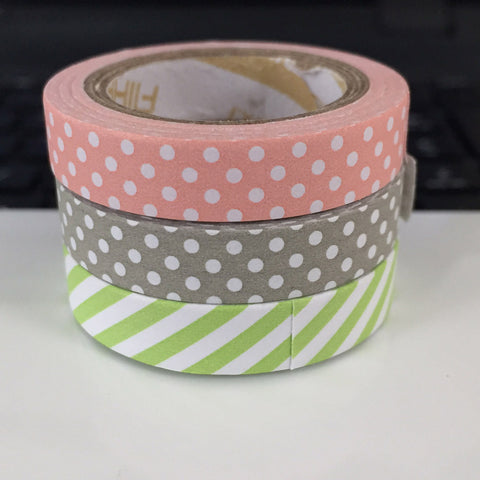 paper tape - lime diagonal stripe, grey dot & pink dot